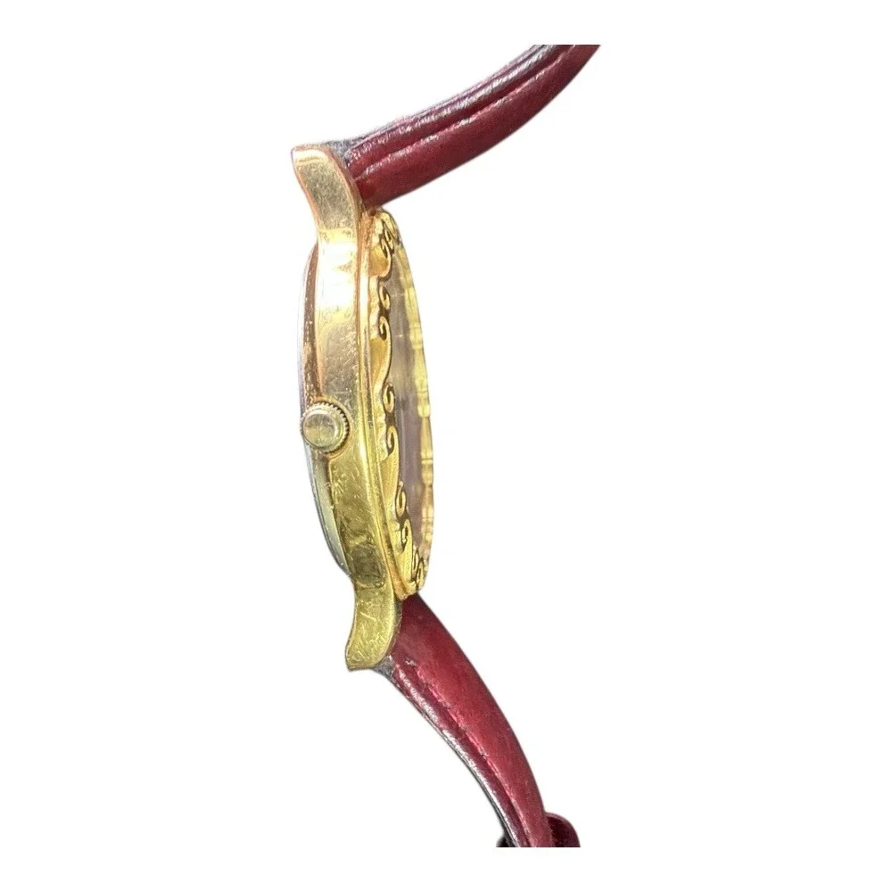 VTG Disney Store Pedre Aladdin Watch Gold Tone Maroon Leather Strap‎ Genie 90s